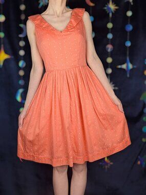 Emily & Fin Coral Cotton Collared White Polka Dot Dress